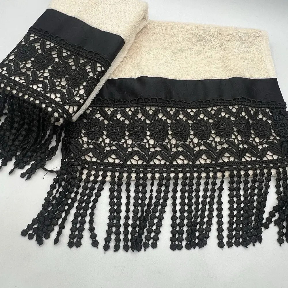 Set 3 Croscill Bathroom Hand Towels Ivory Black Crochet Lace Fringe Glam 18